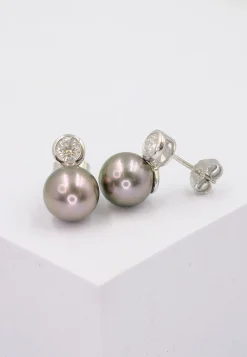 Ohrringe Weissgold 750 Tahiti Perle 9.5-10mm Brillant 0.55ct.
