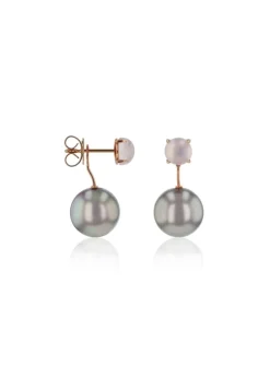 Ohrstecker 750/18K Rotgold, Süsswasserperle Ming 11-13mm und Rosenquarz