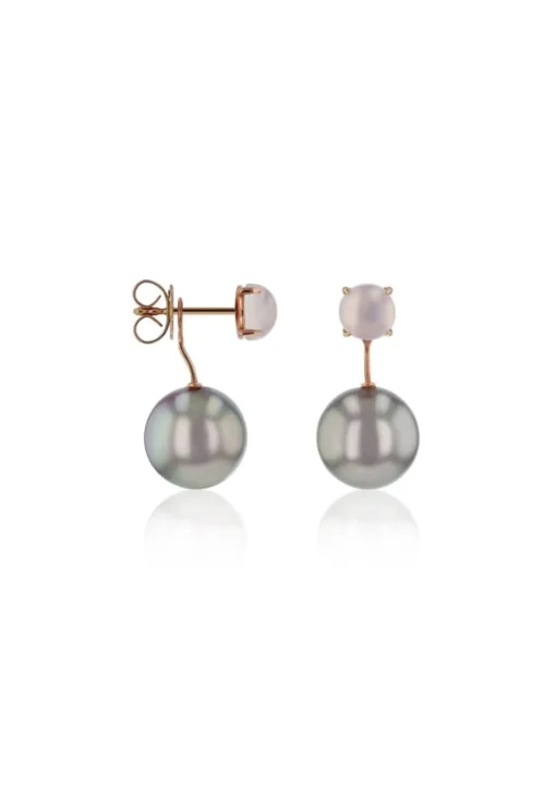 Ohrstecker 750/18K Rotgold, Süsswasserperle Ming 11-13mm und Rosenquarz