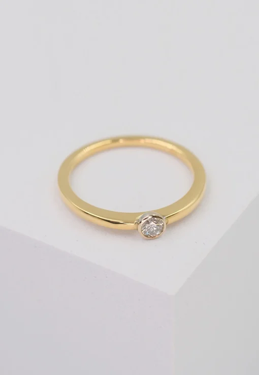 Solitär Ring Zargen-Fassung Gelbgold 750, Brillanten 0.10ct. Fassung Weissgold 750 (52)